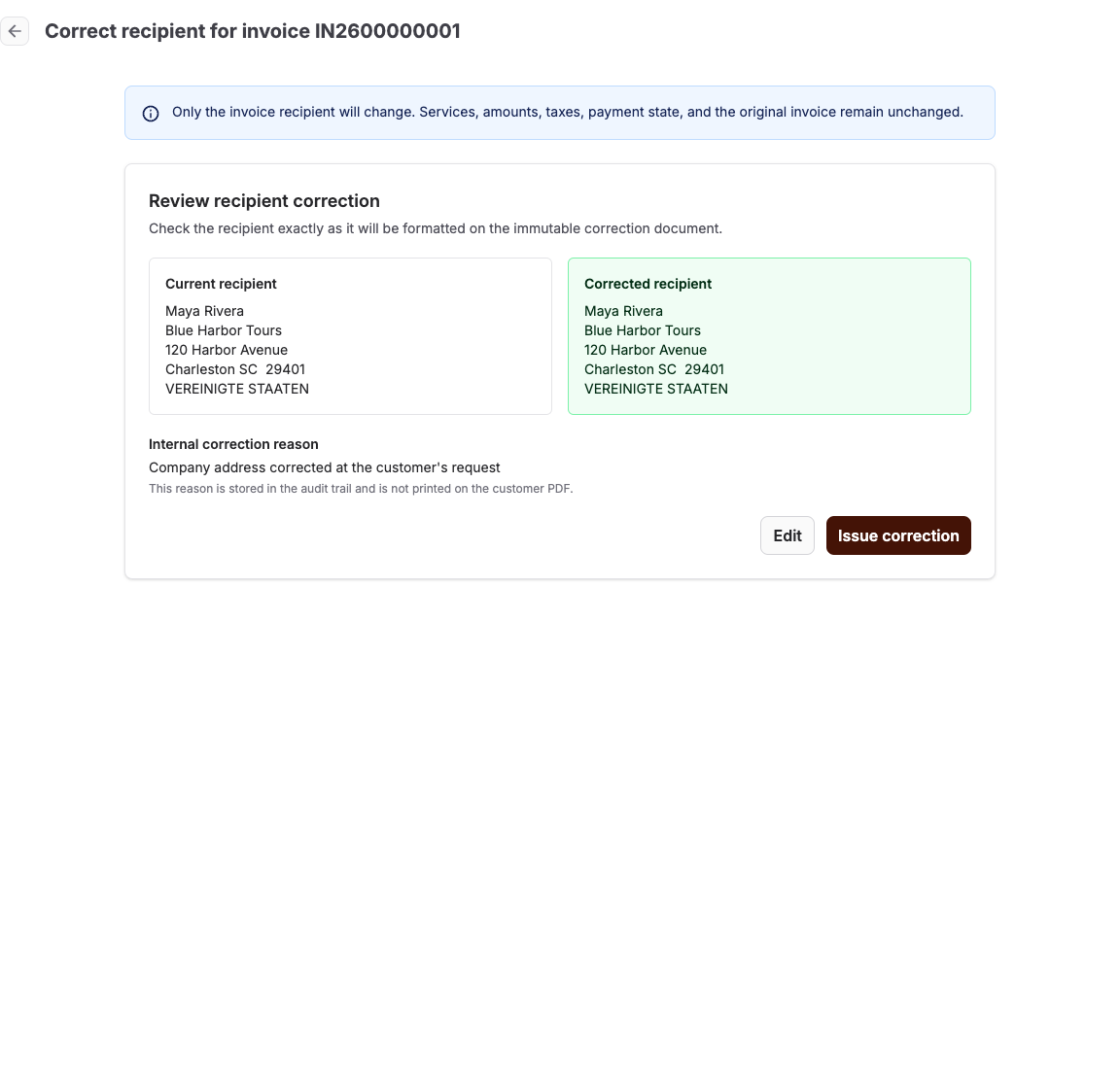 Invoice recipient correction review showing the current address and a saved company address with contact and company name