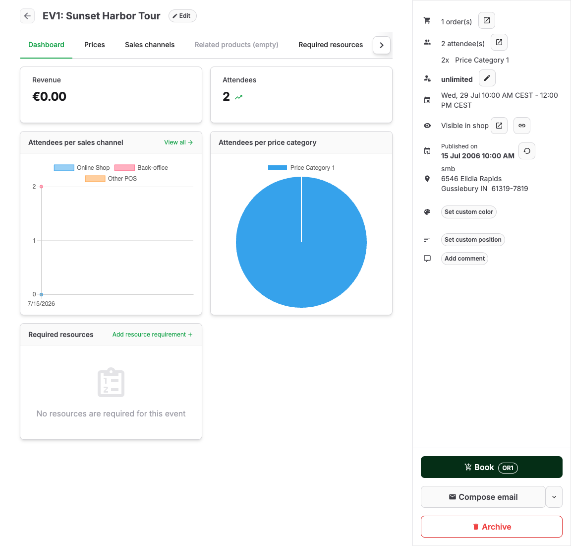 Event dashboard with attendance and revenue totals