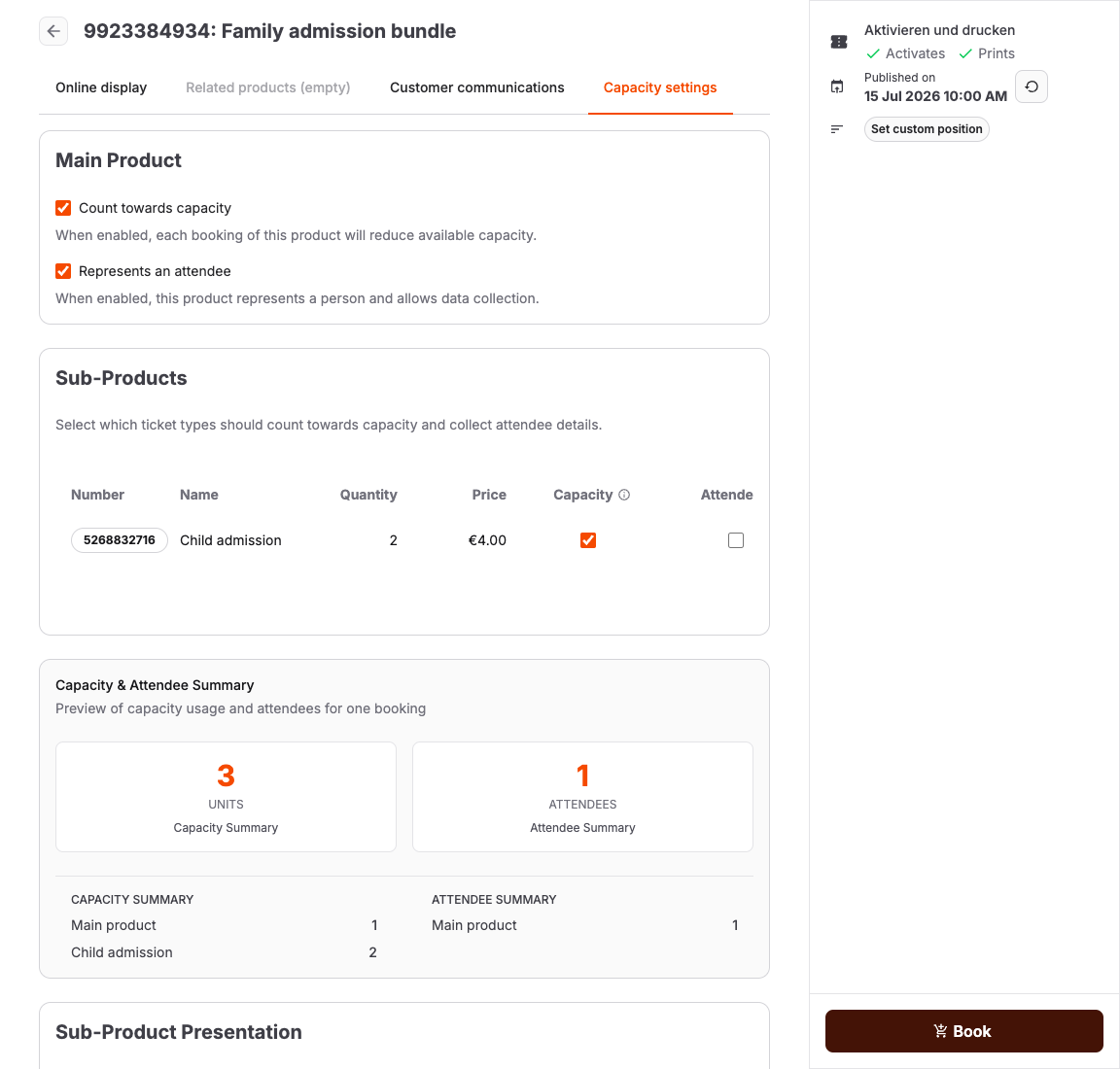 Product Capacity settings with main-product, sub-product, capacity, and attendee controls