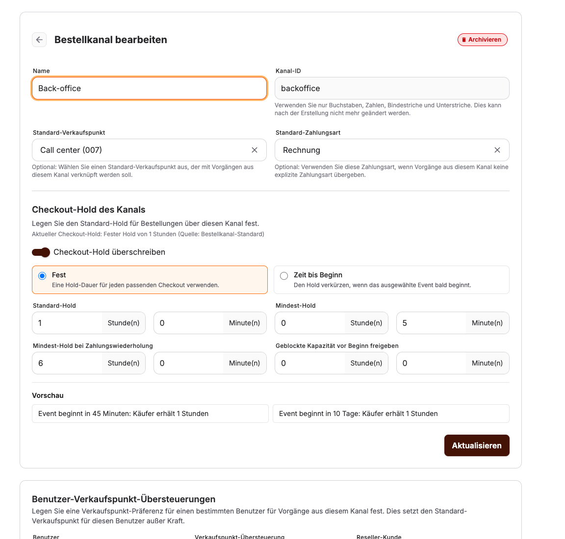 Backoffice-Bestellkanal, bei dem „Rechnung“ als Standardzahlungsmethode ausgewählt ist