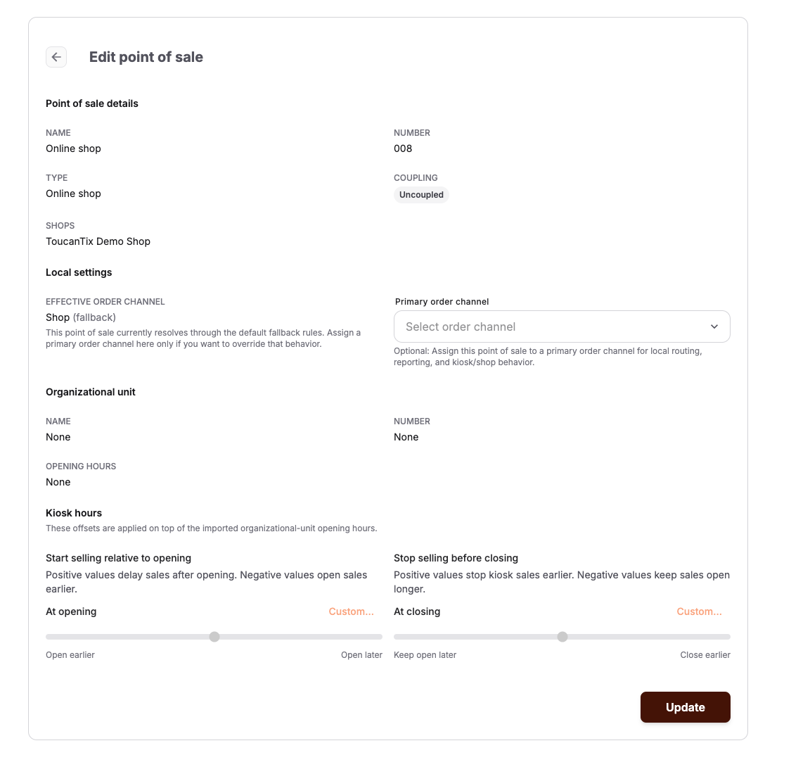 Point-of-sale configuration with coupling and local settings