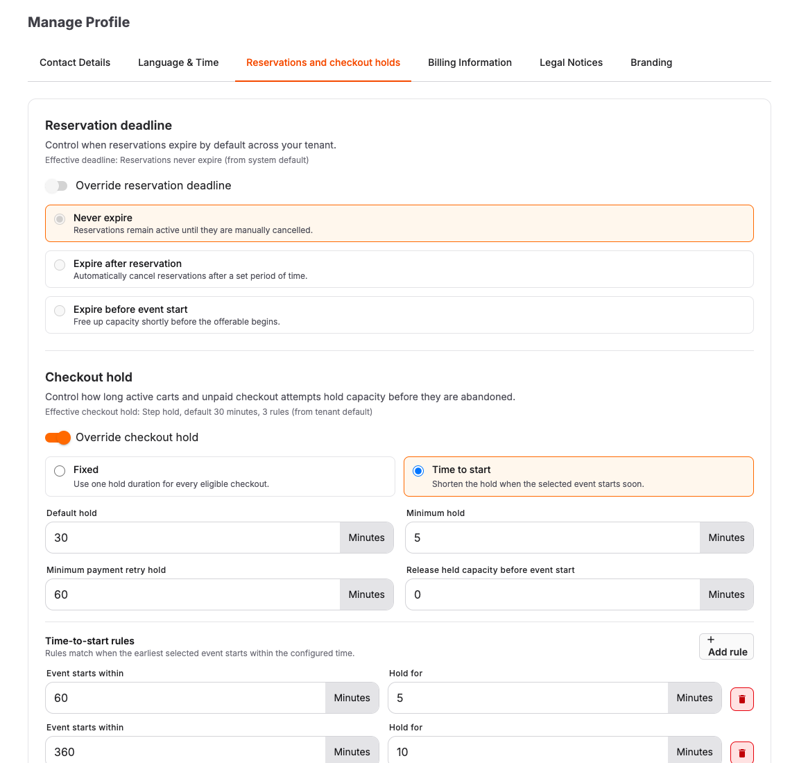 Checkout hold settings on the account reservations page