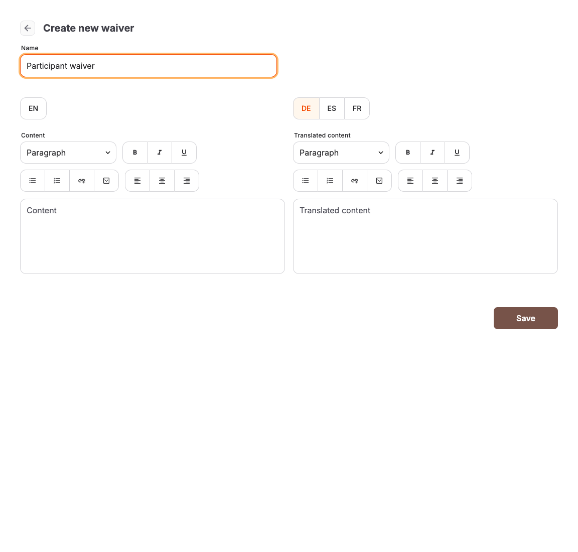 Waiver editor with localized customer-facing content