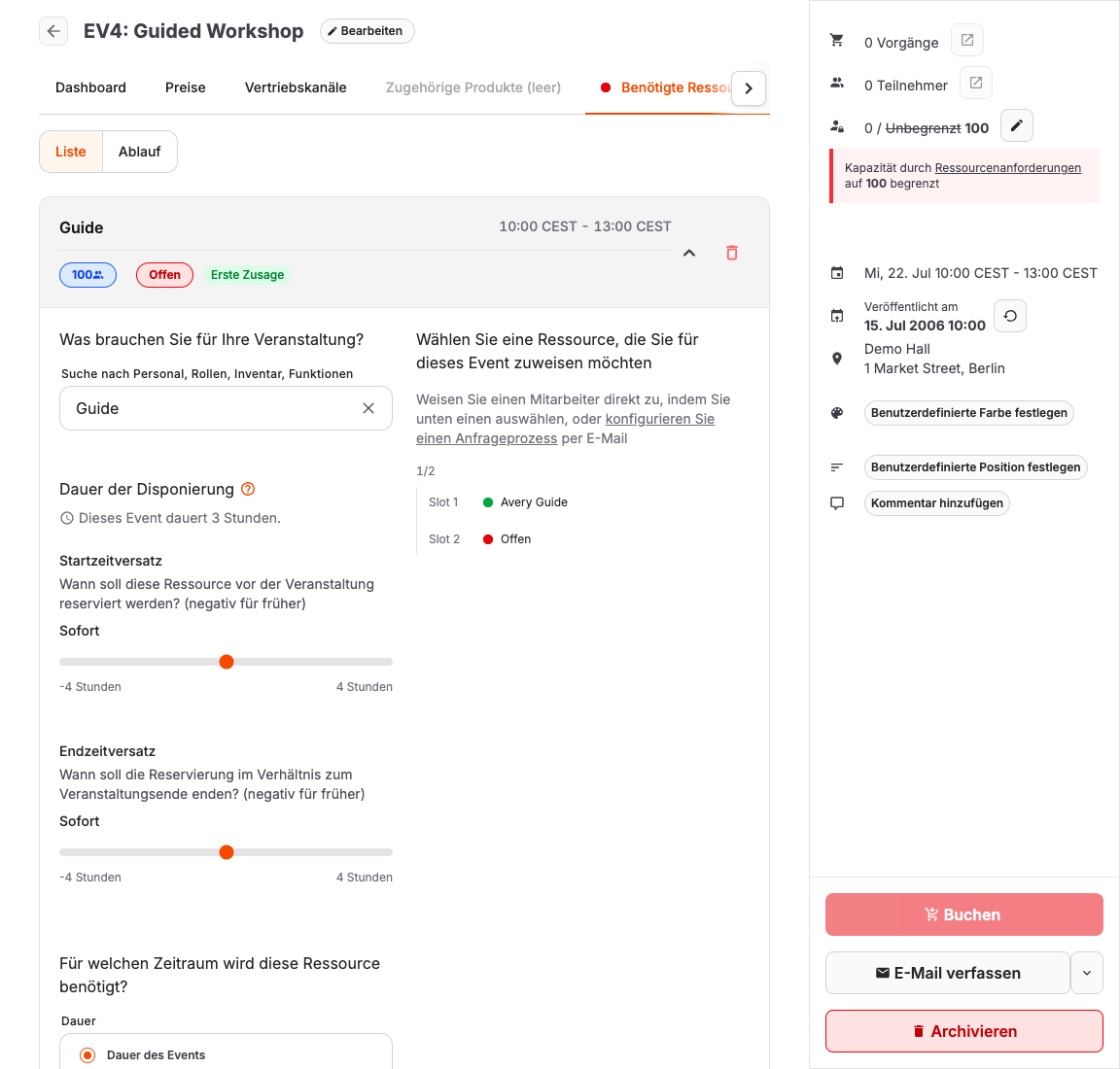 Ressourcenbedarf für Veranstaltungen und Kapazitätsstatus