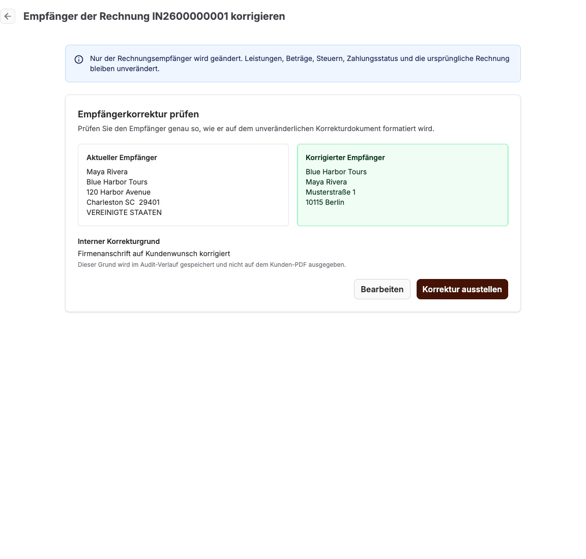 Prüfansicht einer Rechnungsempfängerkorrektur mit aktueller Anschrift und gespeicherter Firmenadresse inklusive Kontakt- und Firmennamen