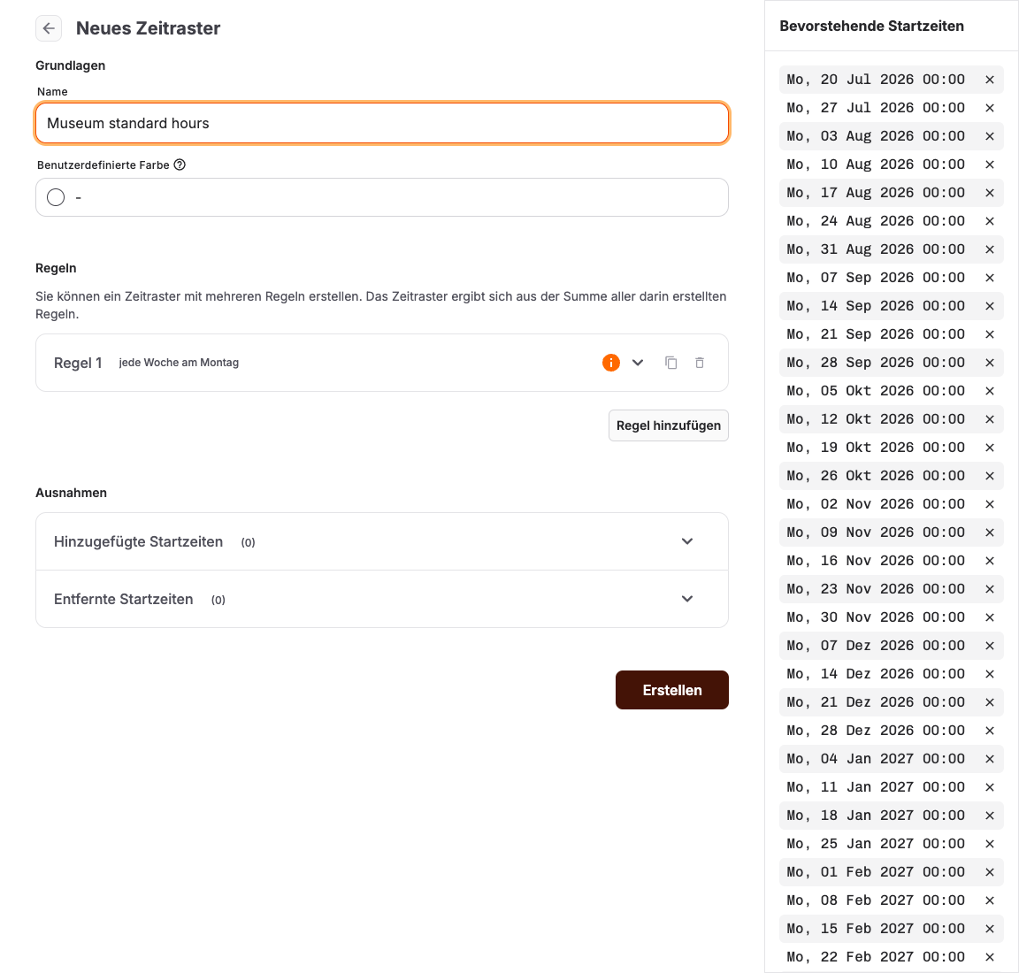 Zeitmuster-Editor mit Grundfunktionen, Wiederholungsregeln, Perioden und Übersteuerungen