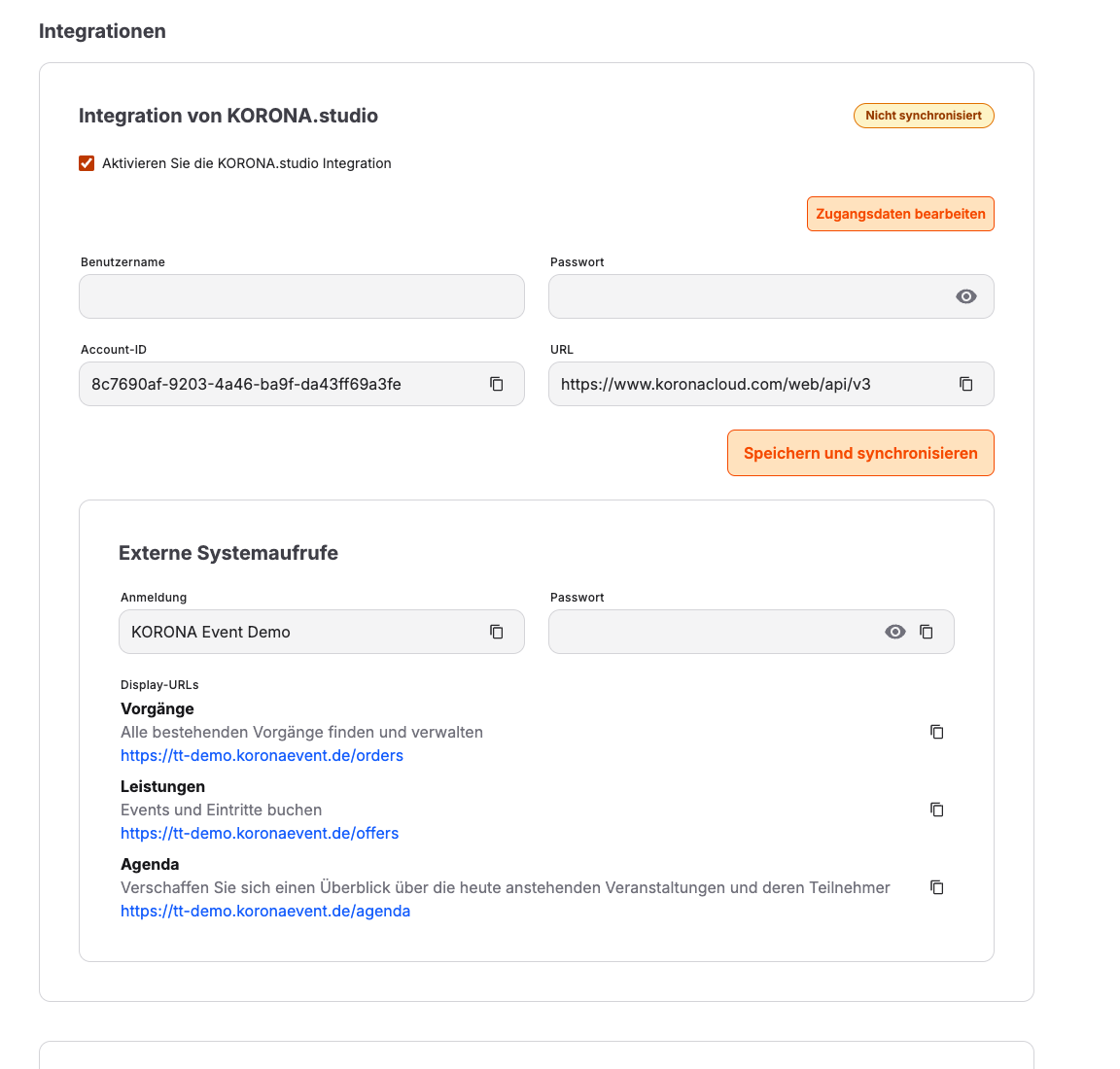 Integrationseinstellungen und Verbindungsstatus im Backoffice