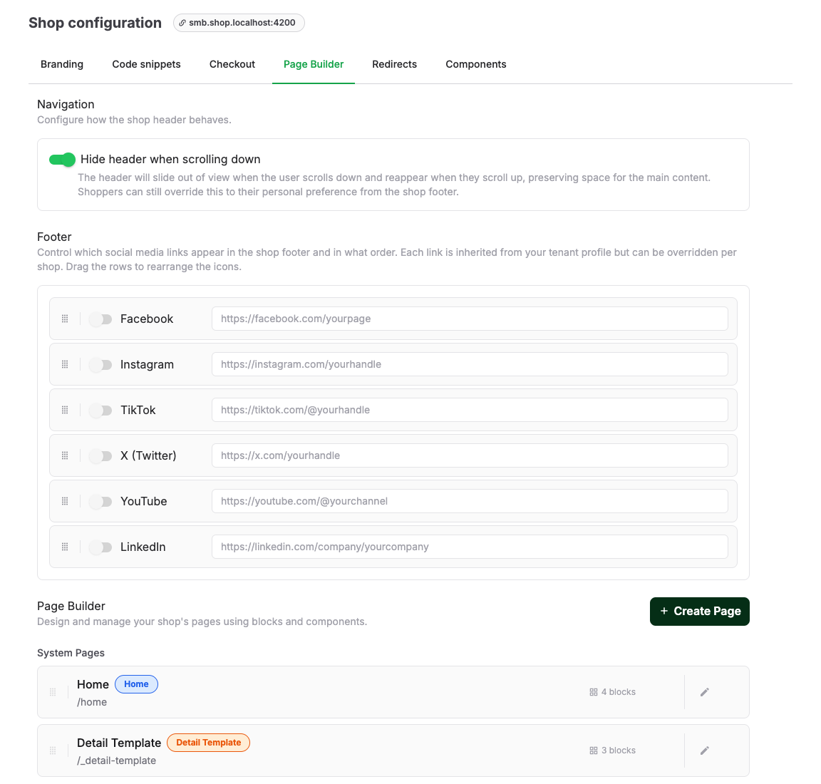 Shop page builder in the back office