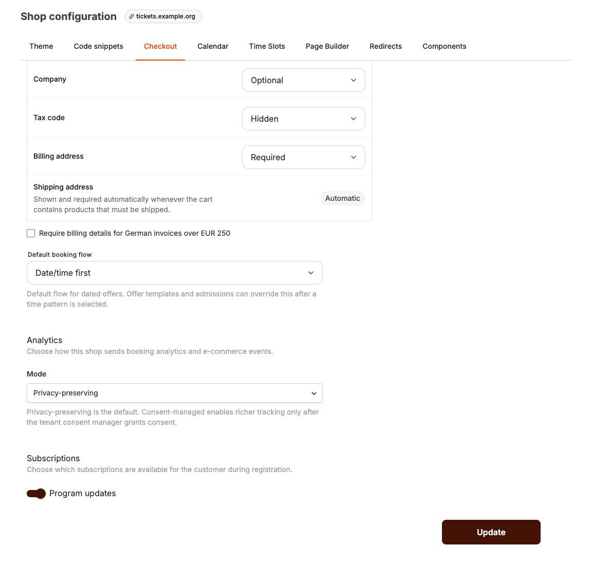 Shop checkout settings with customer subscriptions available during registration and checkout