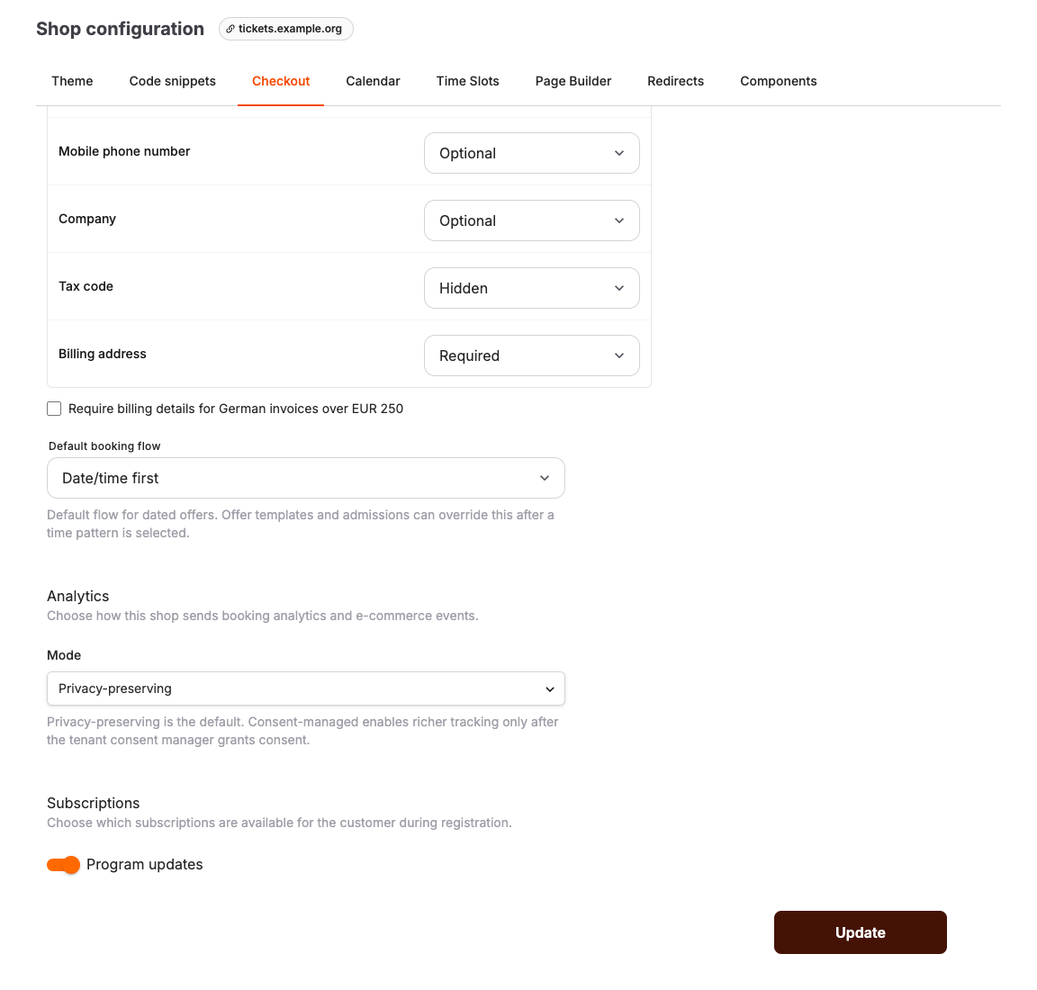 Shop checkout settings with customer subscriptions available during registration