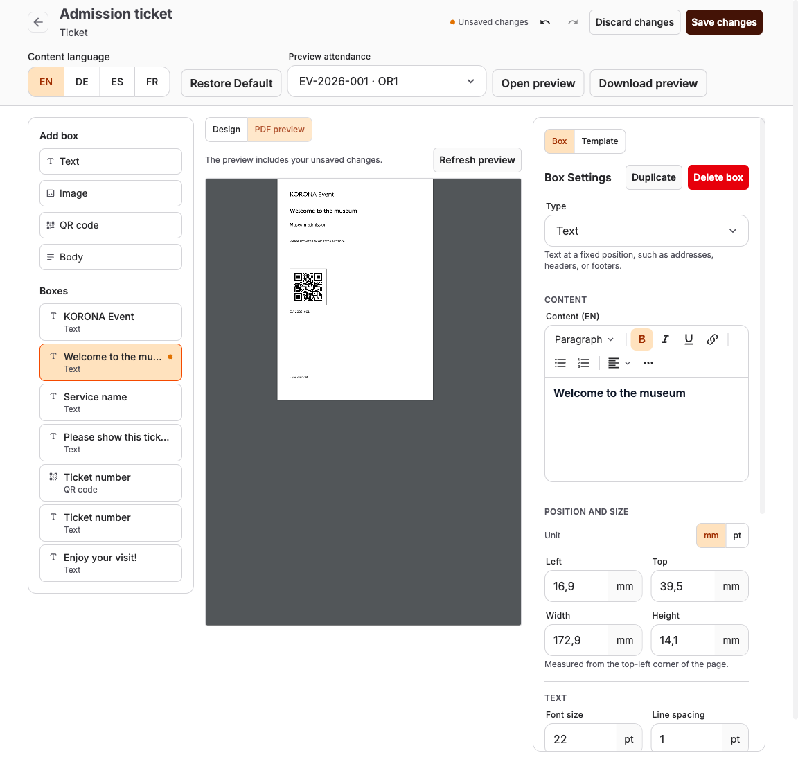 Generated ticket PDF preview with resolved admission details and QR code beside the box settings