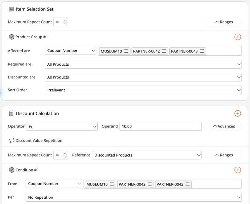 The same three coupon codes in Item Selection Set and Discount Value Repetition with a 10% discount