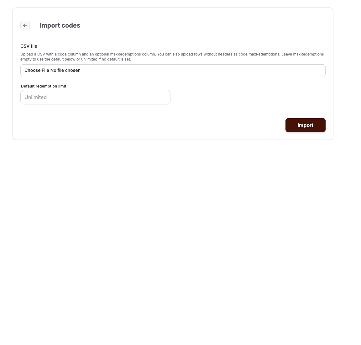 External promotion code import page with CSV file and default redemption limit fields