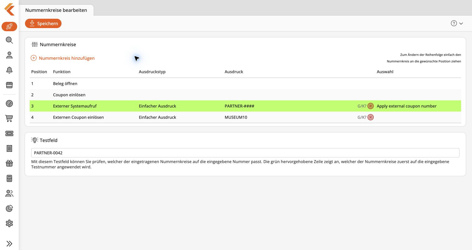 PARTNER-0042 markiert den Nummernkreis mit der Funktion Externer Systemaufruf