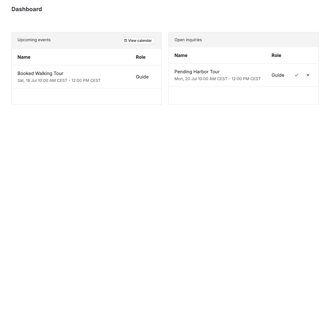 Resource user dashboard with upcoming events and open inquiries