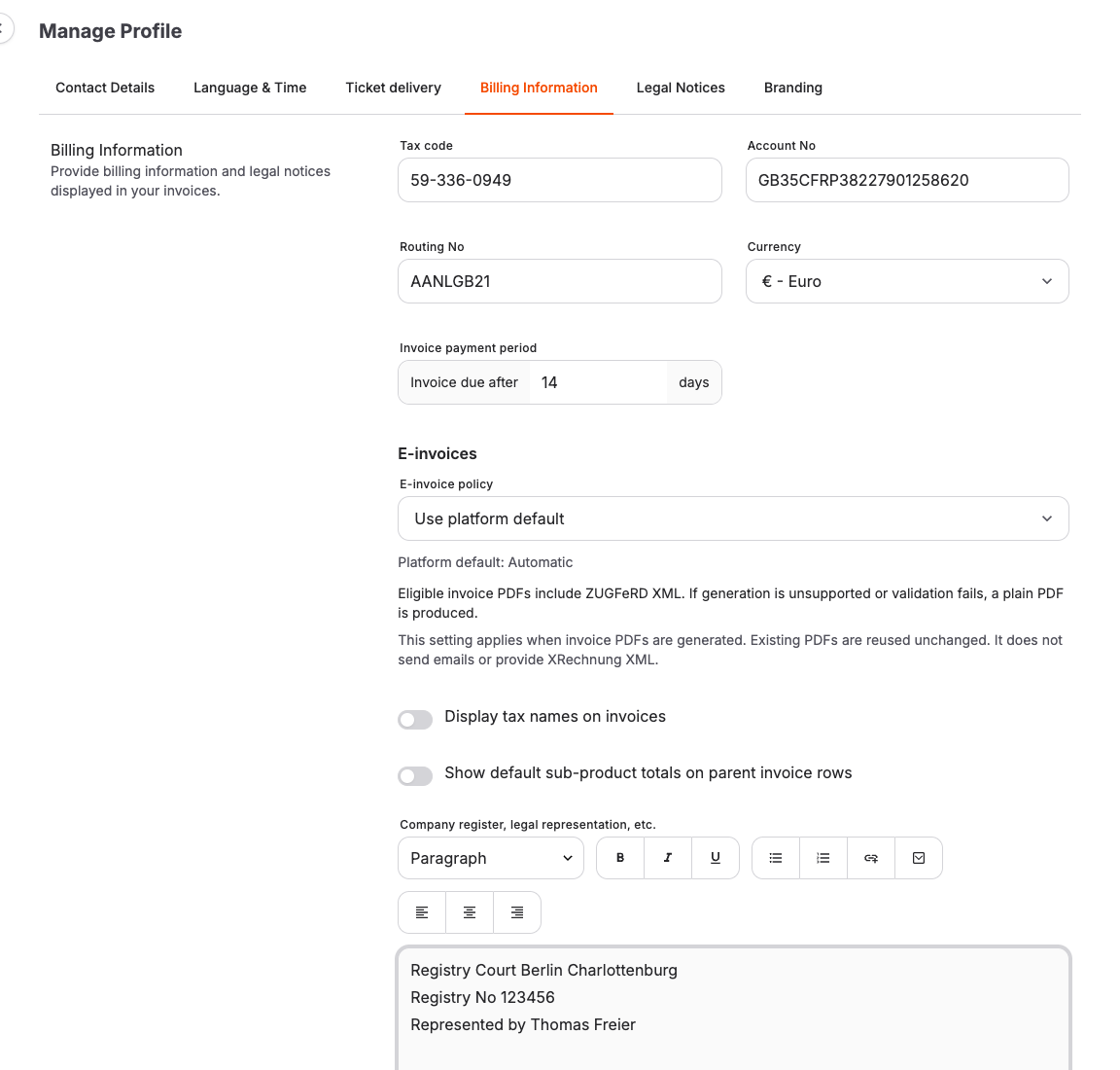 Account billing information with the e-invoice policy and platform default