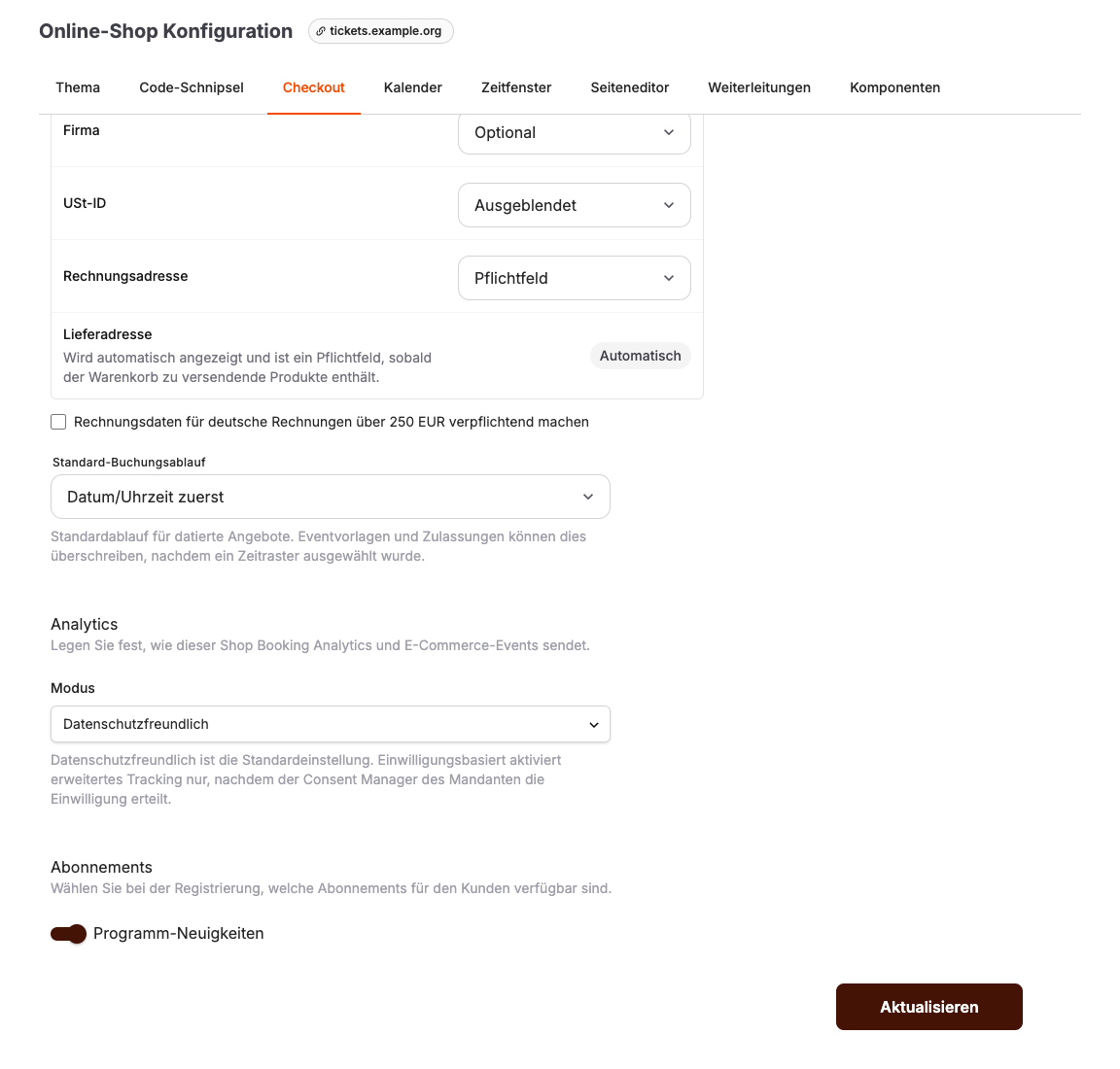 Checkout-Einstellungen eines Online-Shops mit Kundenabonnements für Registrierung und Bestellvorgang