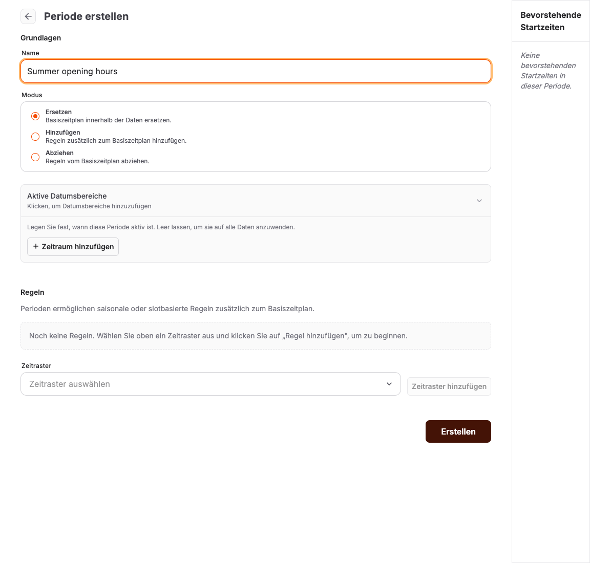 Editor für Zeitmusterperioden mit Modus, aktiven Datumsbereichen und gruppierten Regeln