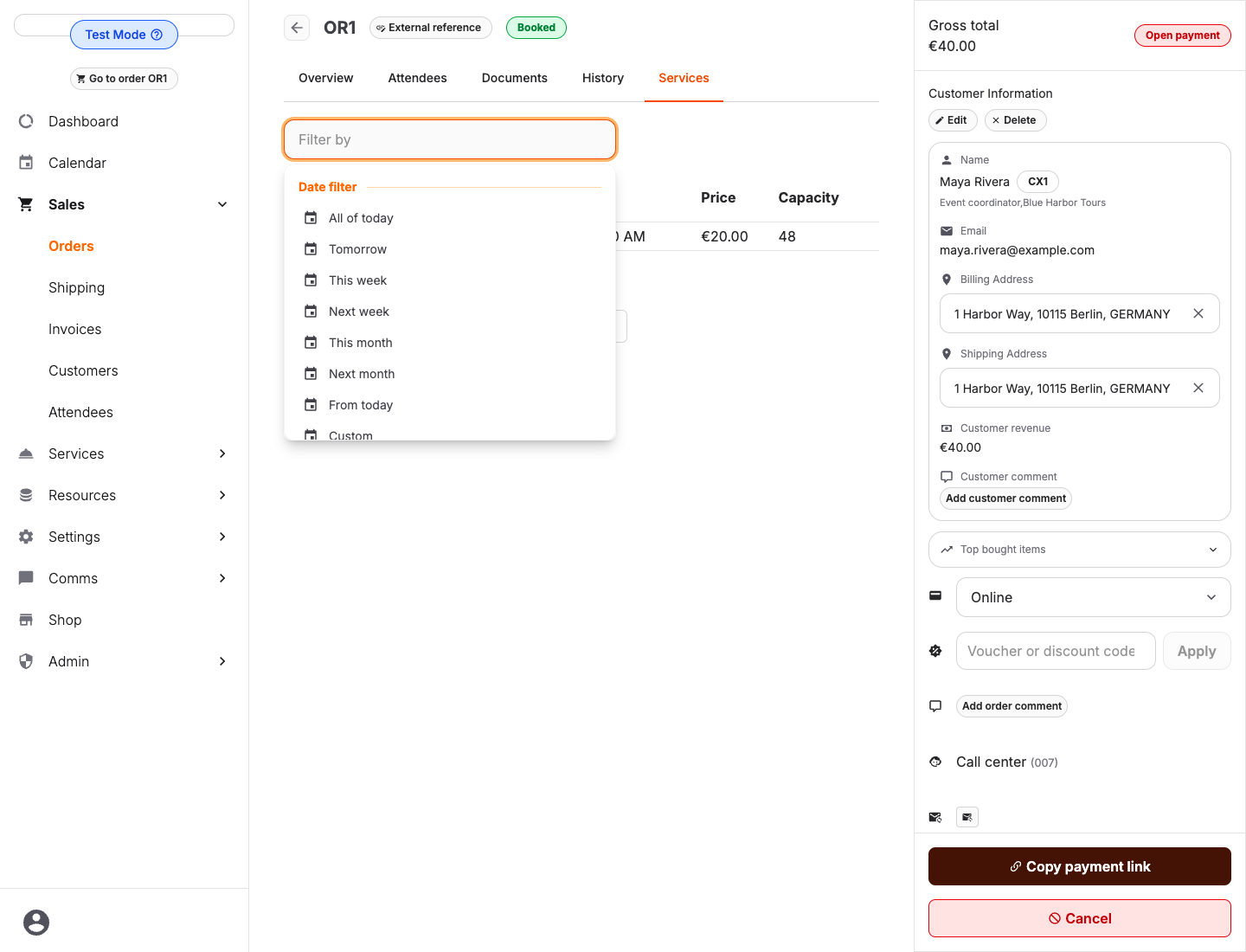 Back-office service list with the All of today date filter