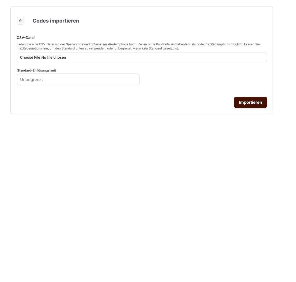 Seite zum Importieren externer Aktionscodes per CSV-Datei mit Feldern für das Standard-Einlösungslimit