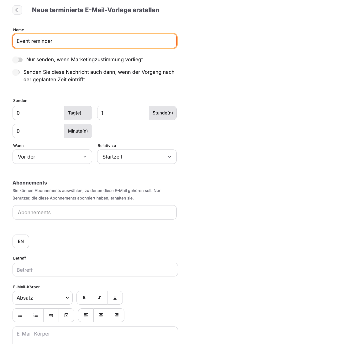 Editor für geplante E-Mails im Backoffice