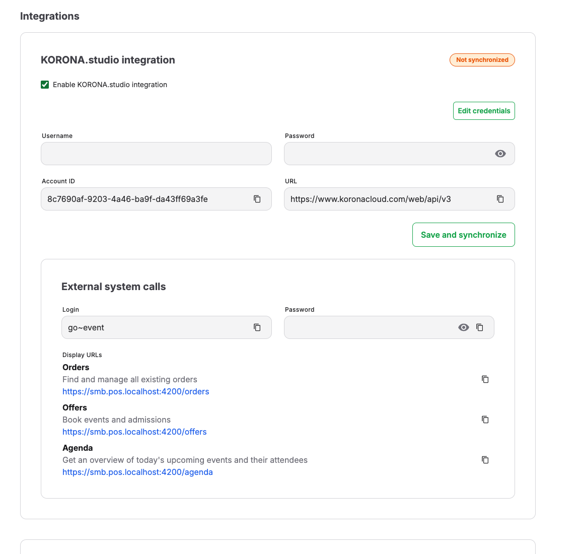 Integration settings and connection status in the back office