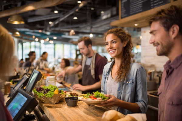a woman serving a salad to a man in a restaurant