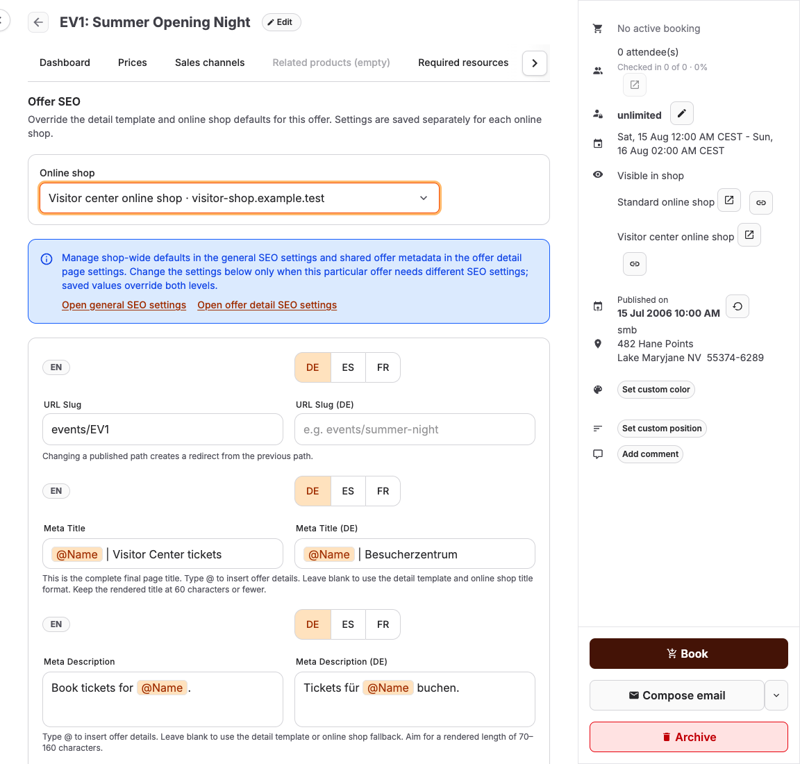 Offer SEO settings for an event in the back office