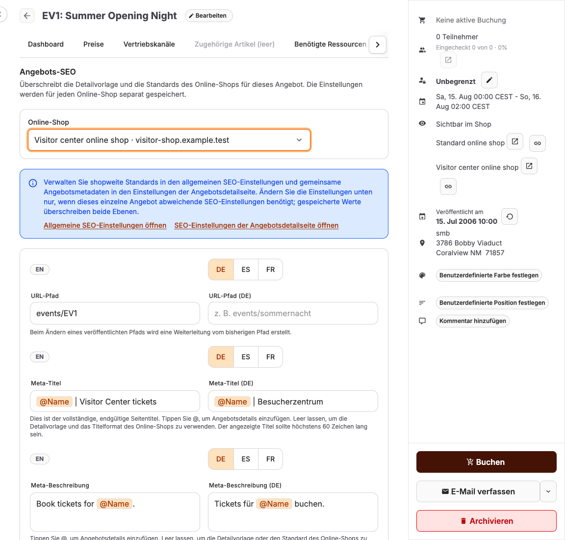 Angebots-SEO-Einstellungen für ein Event im Backoffice