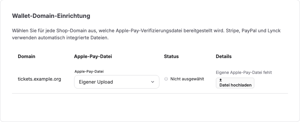 Wallet-Domain-Einrichtung mit tickets.example.org, ausgewähltem Eigenen Upload und der Aktion Datei hochladen