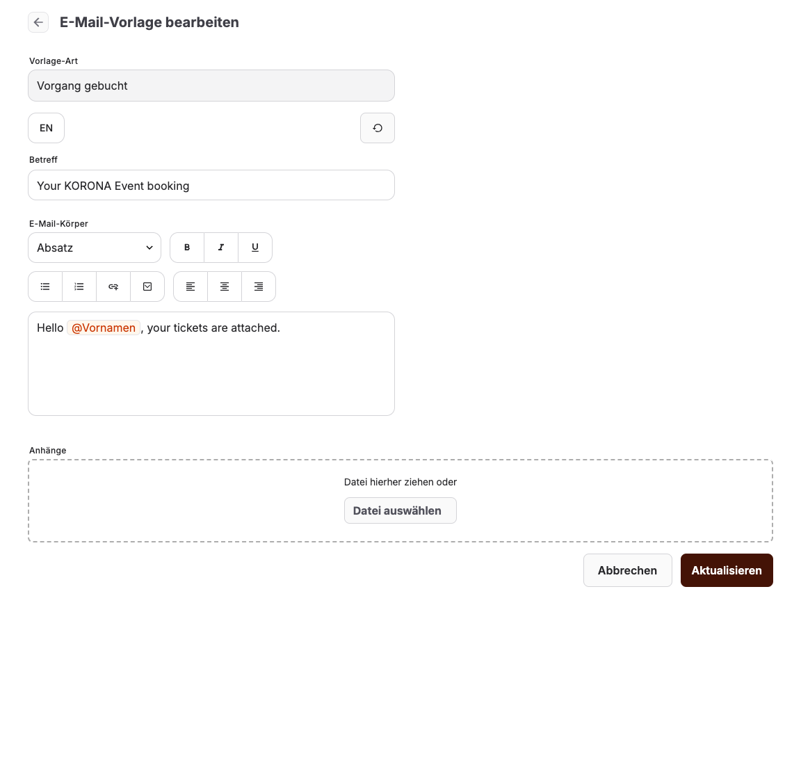 E-Mail-Vorlagen-Editor im Backoffice
