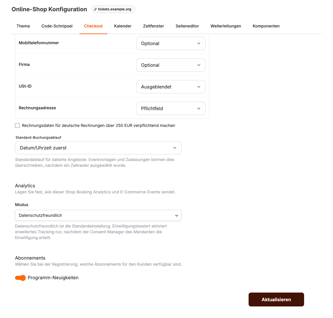 Checkout-Einstellungen eines Online-Shops mit Kundenabonnements für Registrierung und Bestellvorgang