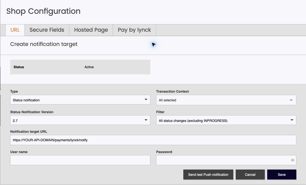 Lynck status notification form with version 2.7, all contexts, the recommended filter and empty login fields