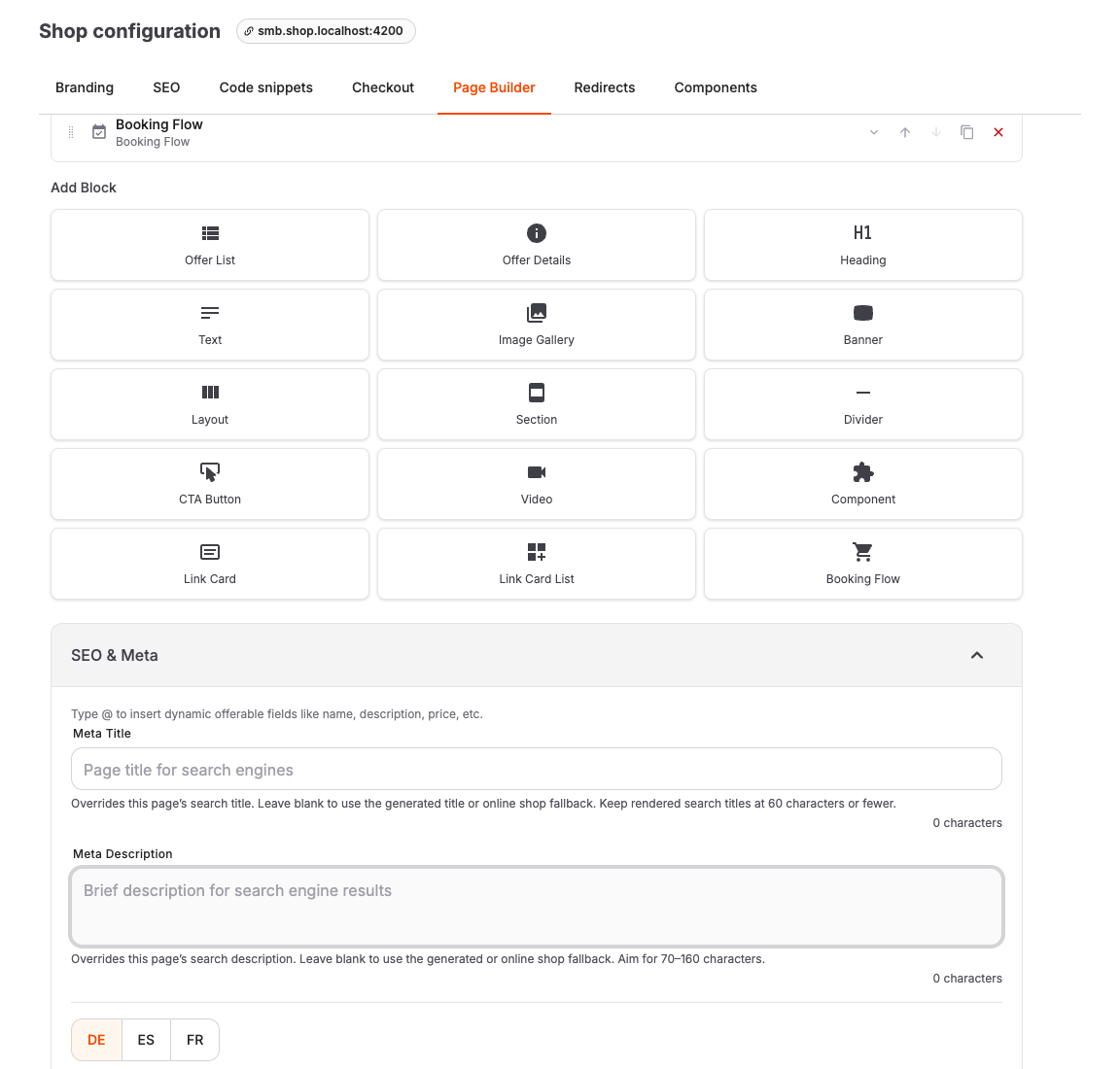 Expanded SEO and Meta controls for a page in the Page Builder