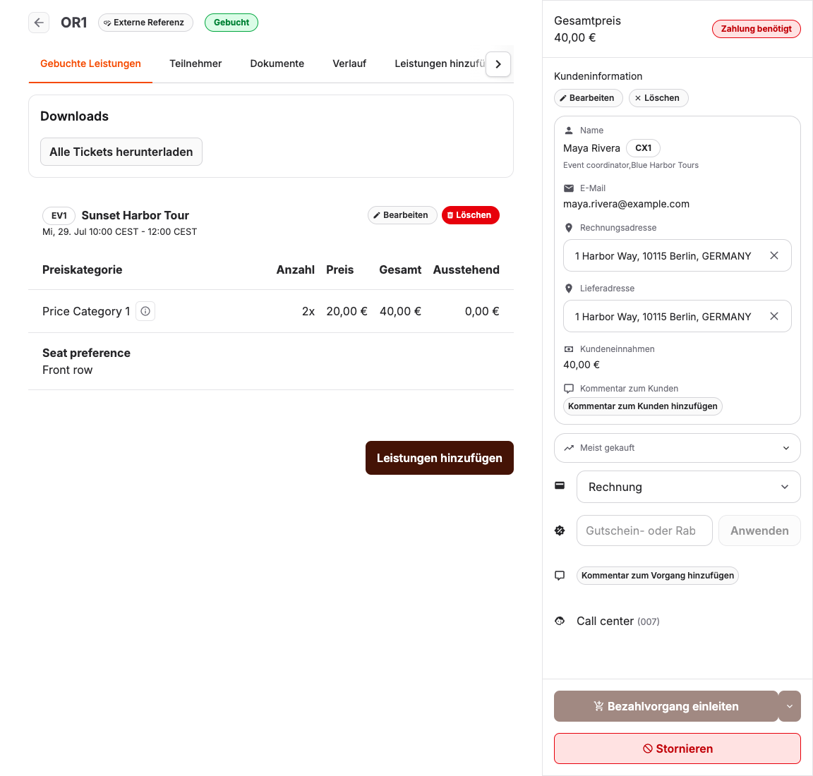 Auftragsübersicht mit Aktionen zu Kunden, Zahlungen, Belegen und Buchungen