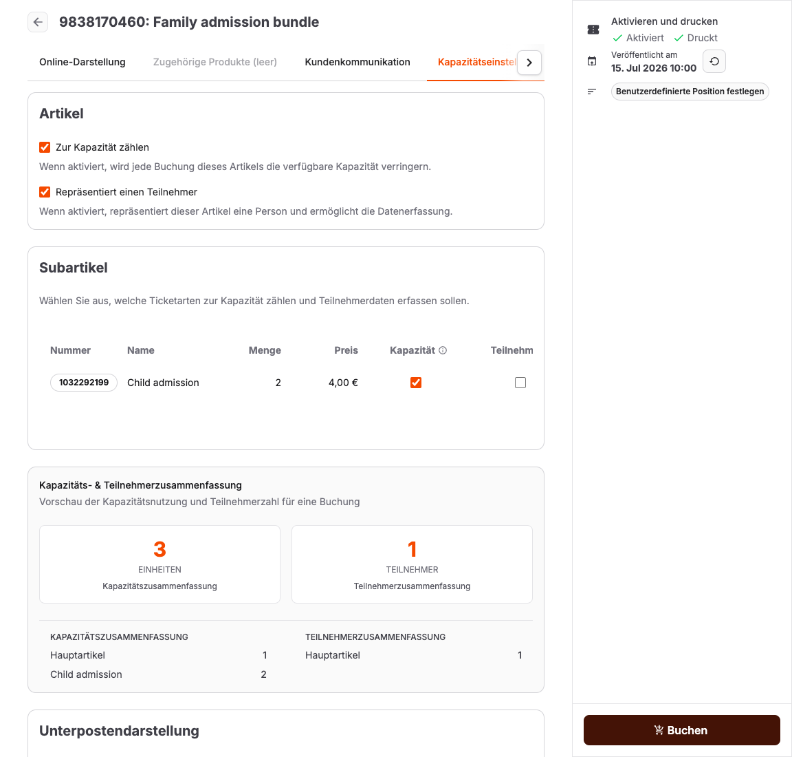 Einstellungen zur Produktkapazität mit Steuerelementen für Hauptprodukt, Unterprodukt, Kapazität und Teilnehmer