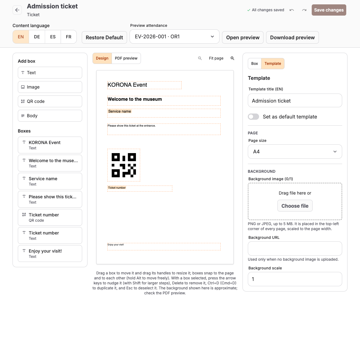 Ticket PDF editor in Design view with a boxes list, page canvas, and Template settings