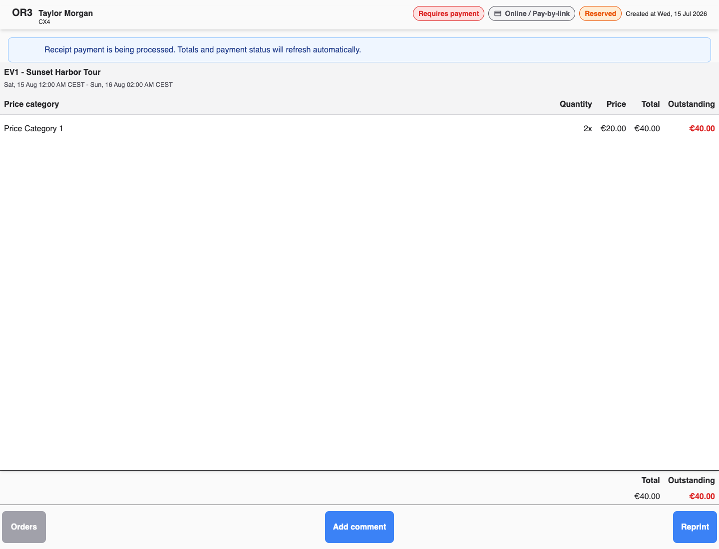 POS order with the receipt payment processing message