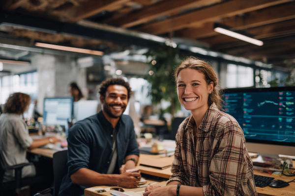 a man and a woman are smiling in front of a computer monitor