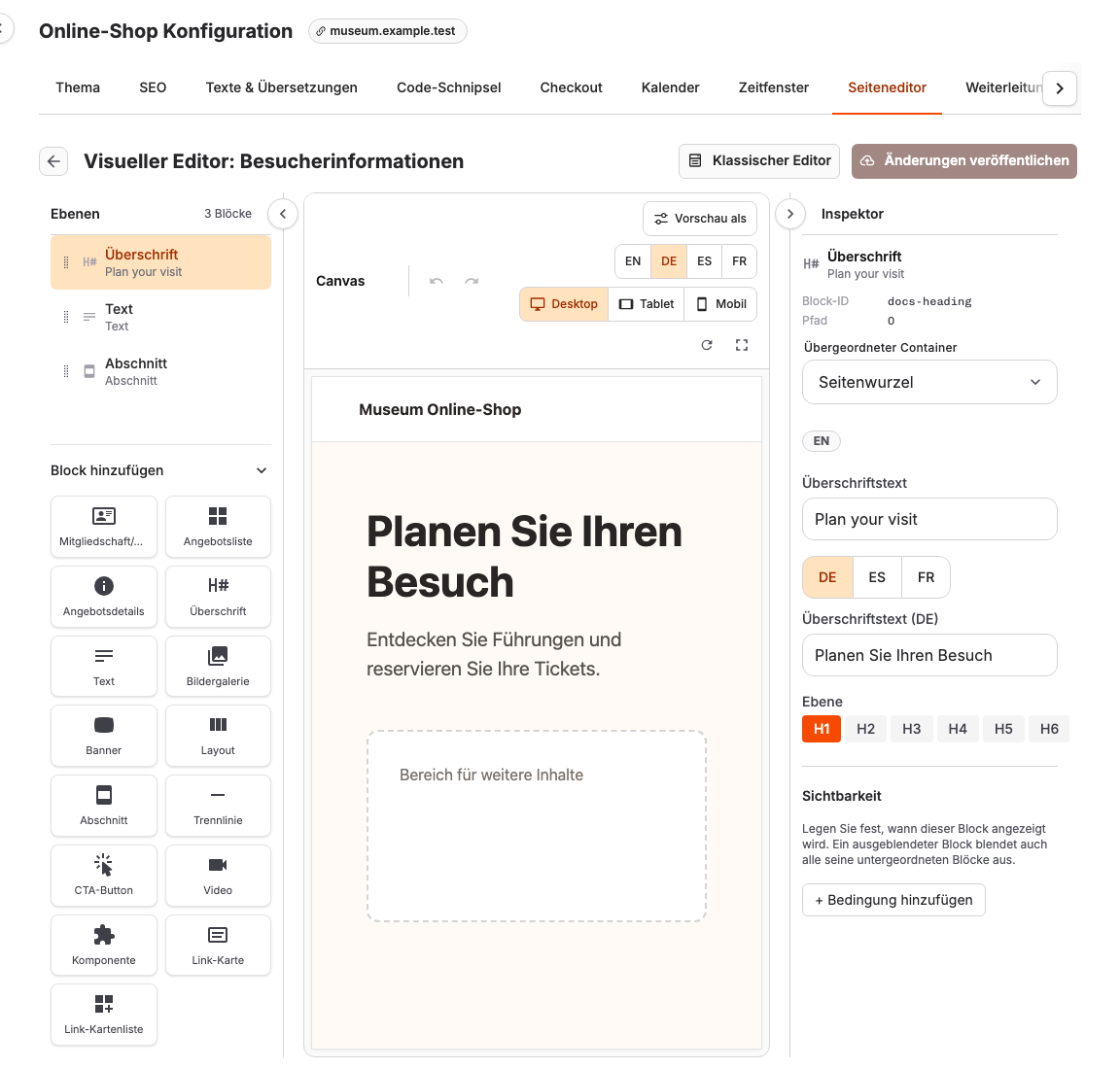 Visueller Page Builder mit ausgewählter Überschrift unter „Ebenen“ und ihren Einstellungen im Inspektor