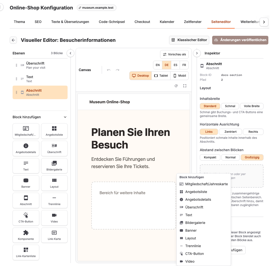 Kontextmenü „Block hinzufügen“ im leeren Abschnitt des visuellen Editor-Inspektors