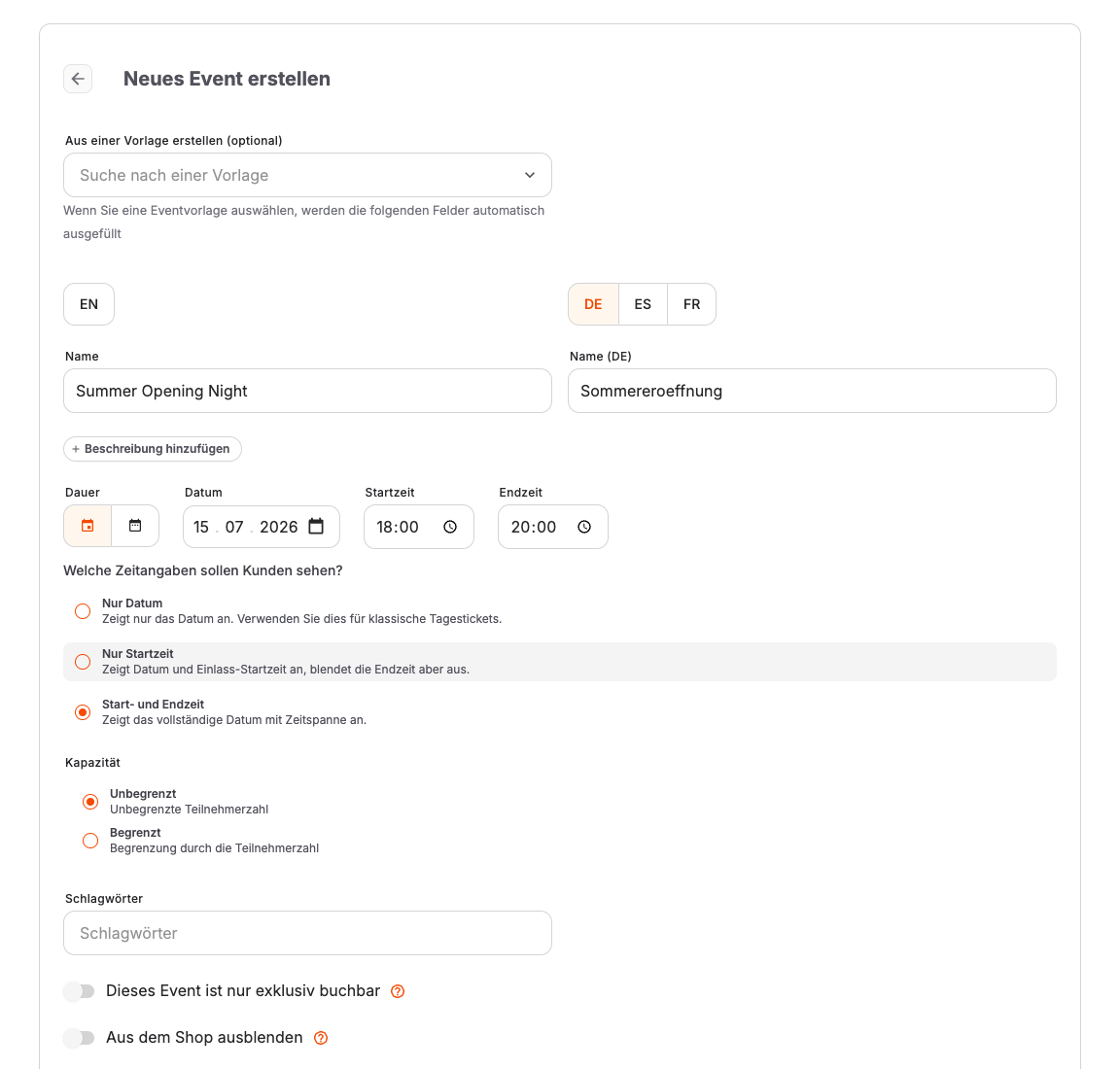 Formular für eine neue Veranstaltung im Backoffice erstellen