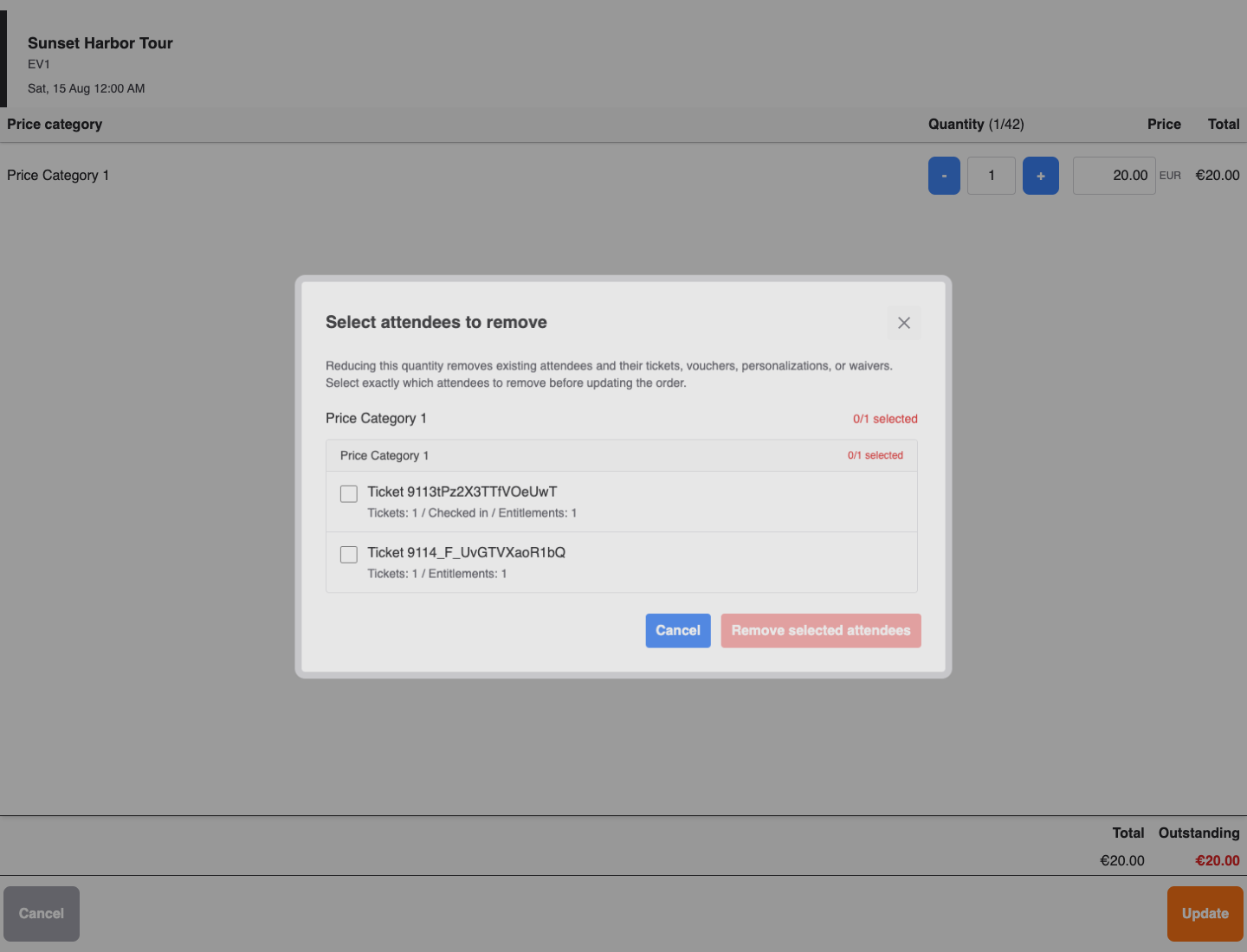 POS selection for the attendees removed by a quantity reduction