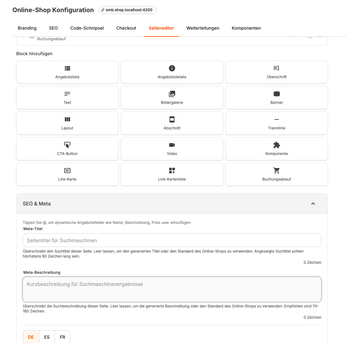 Aufgeklappte SEO- und Meta-Einstellungen für eine Seite im Seiteneditor