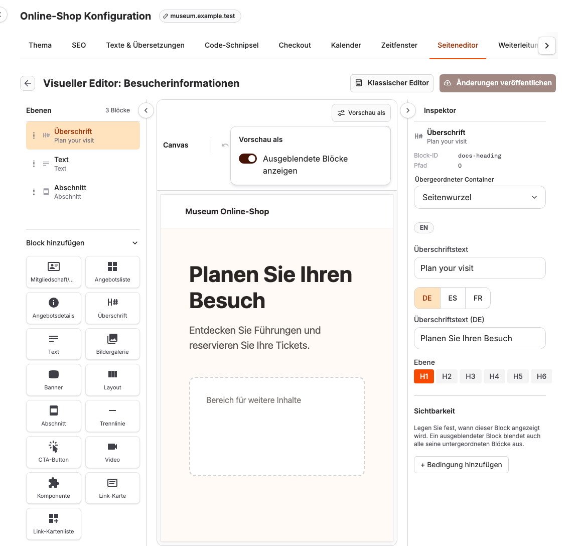Einstellungen unter „Vorschau als“ im visuellen Page Builder