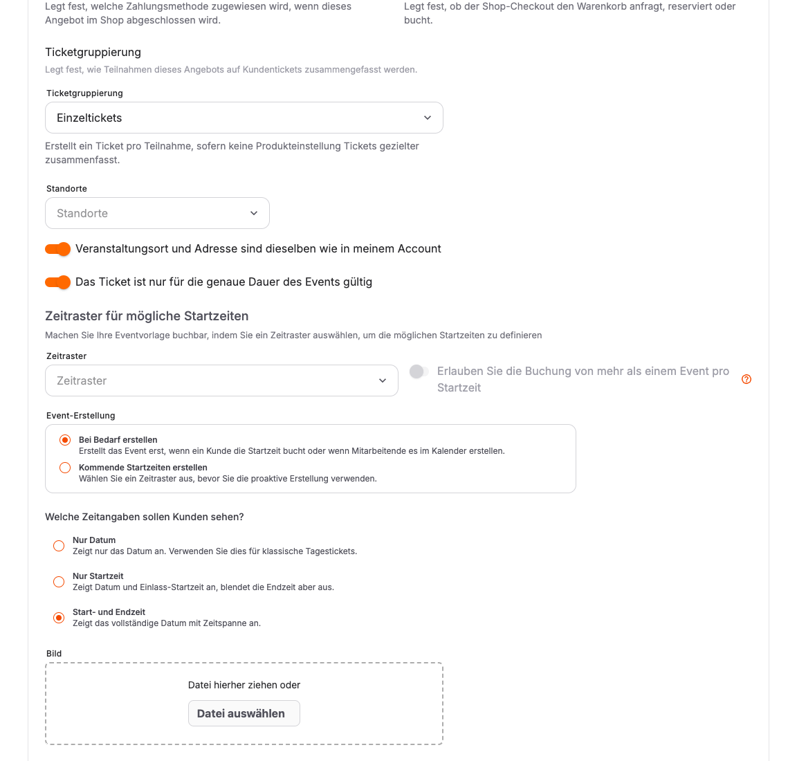 Formularvorlage für Veranstaltungen mit Einstellungen zum Zeitablauf