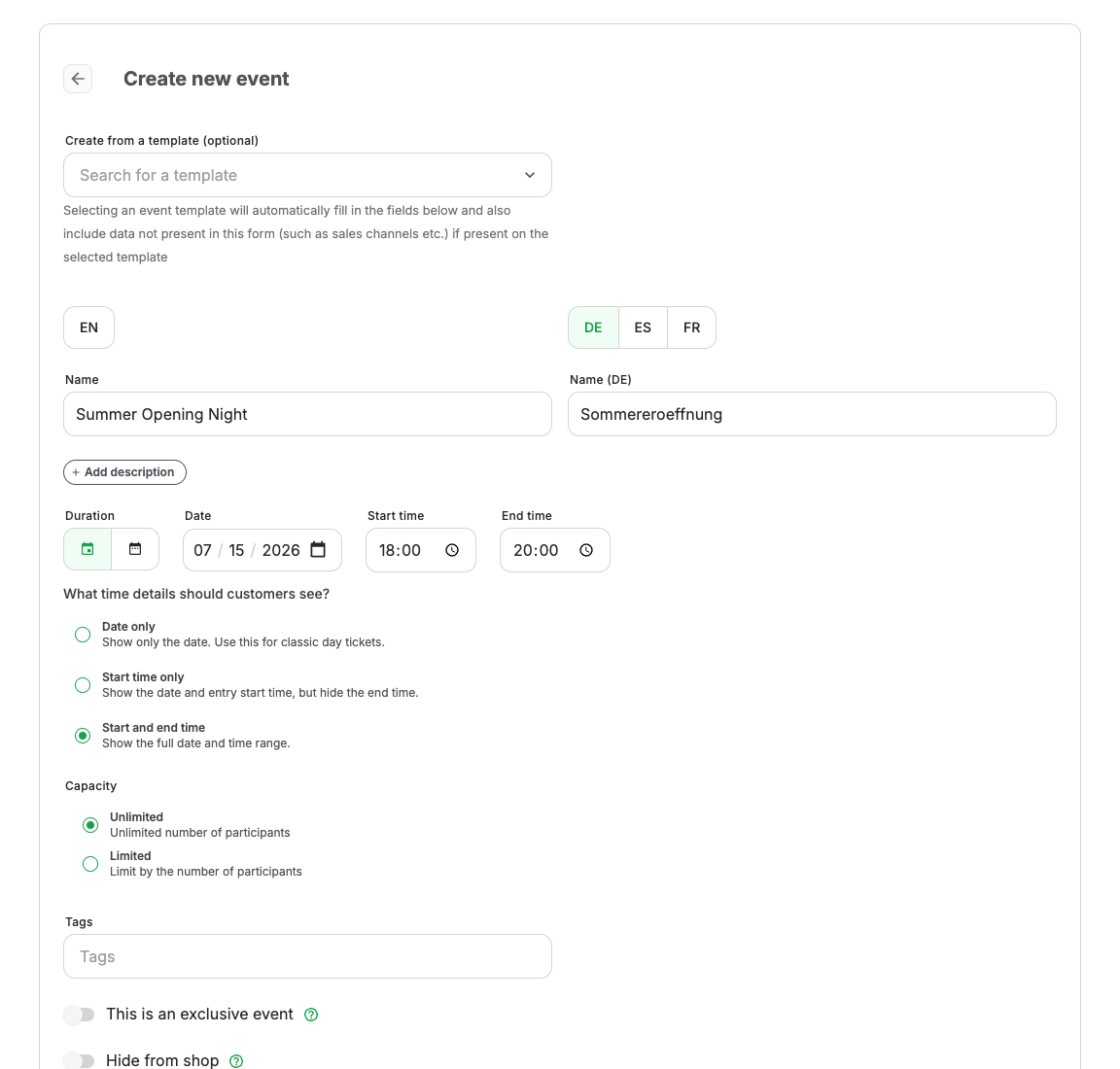 Event editor with core setup fields
