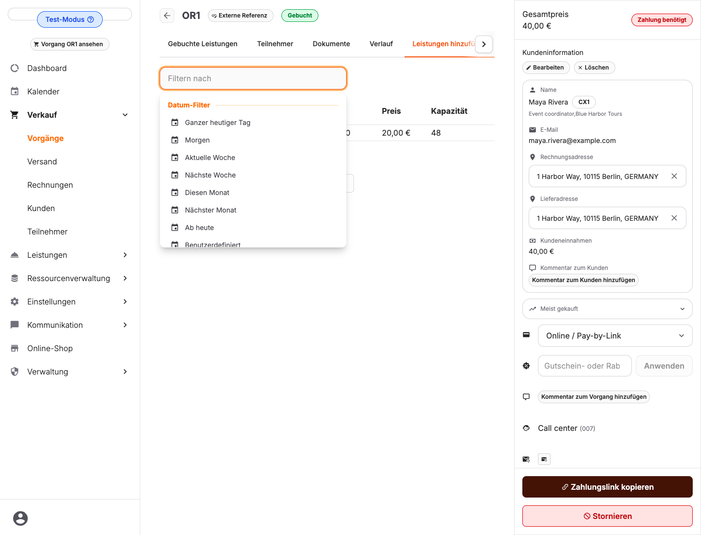 Liste der Backoffice-Dienstleistungen mit dem Filter „Alle von heute“