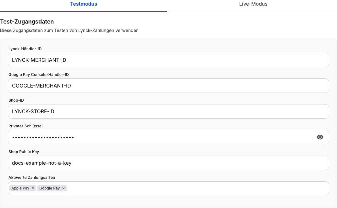 Lynck-Testzugangsdaten mit getrennten Lynck- und Google-Händler-IDs sowie ausgewähltem Apple Pay und Google Pay