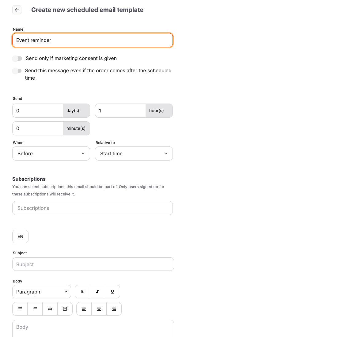 Scheduled email editor in the back office